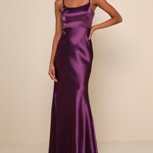 Lulus Make You Shine Dark Purple Satin Mermaid Maxi Dress - Size L